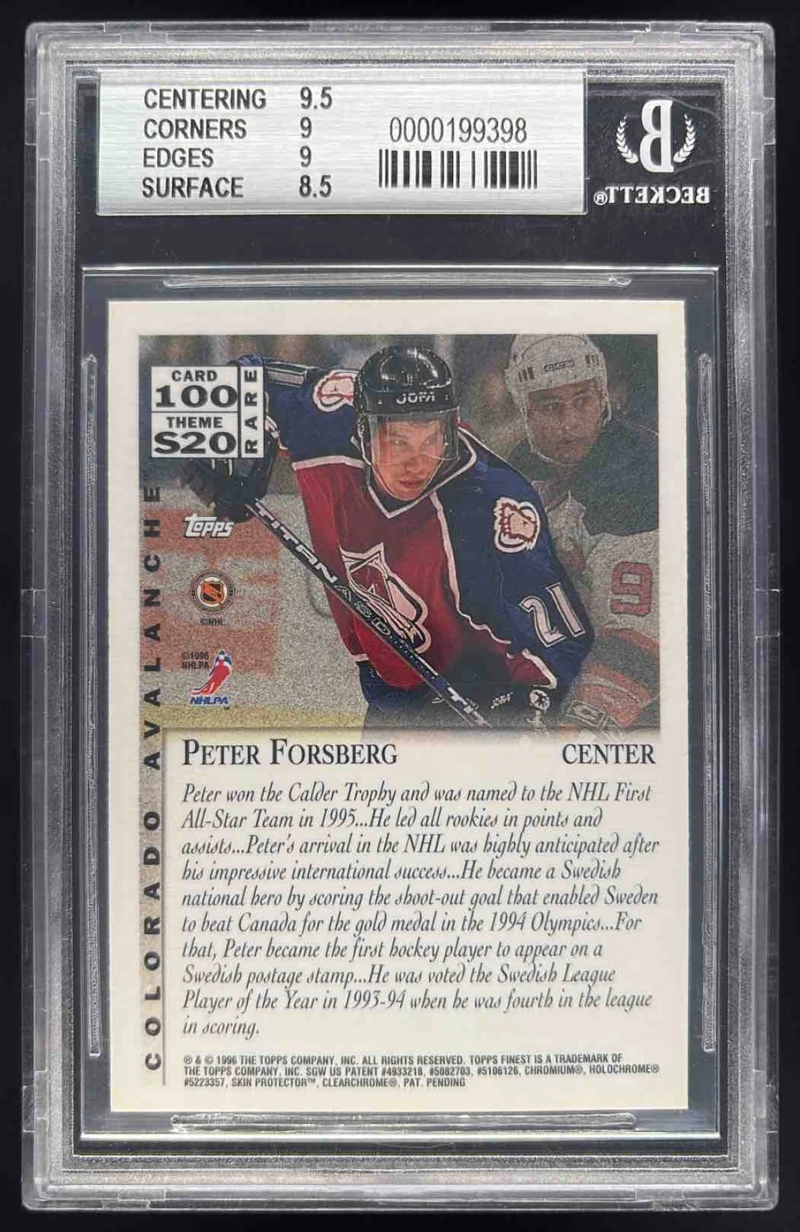 1995-96 Topps Finest #100 Peter Forsberg Season Ticket Gold BGS 9 - Image 2