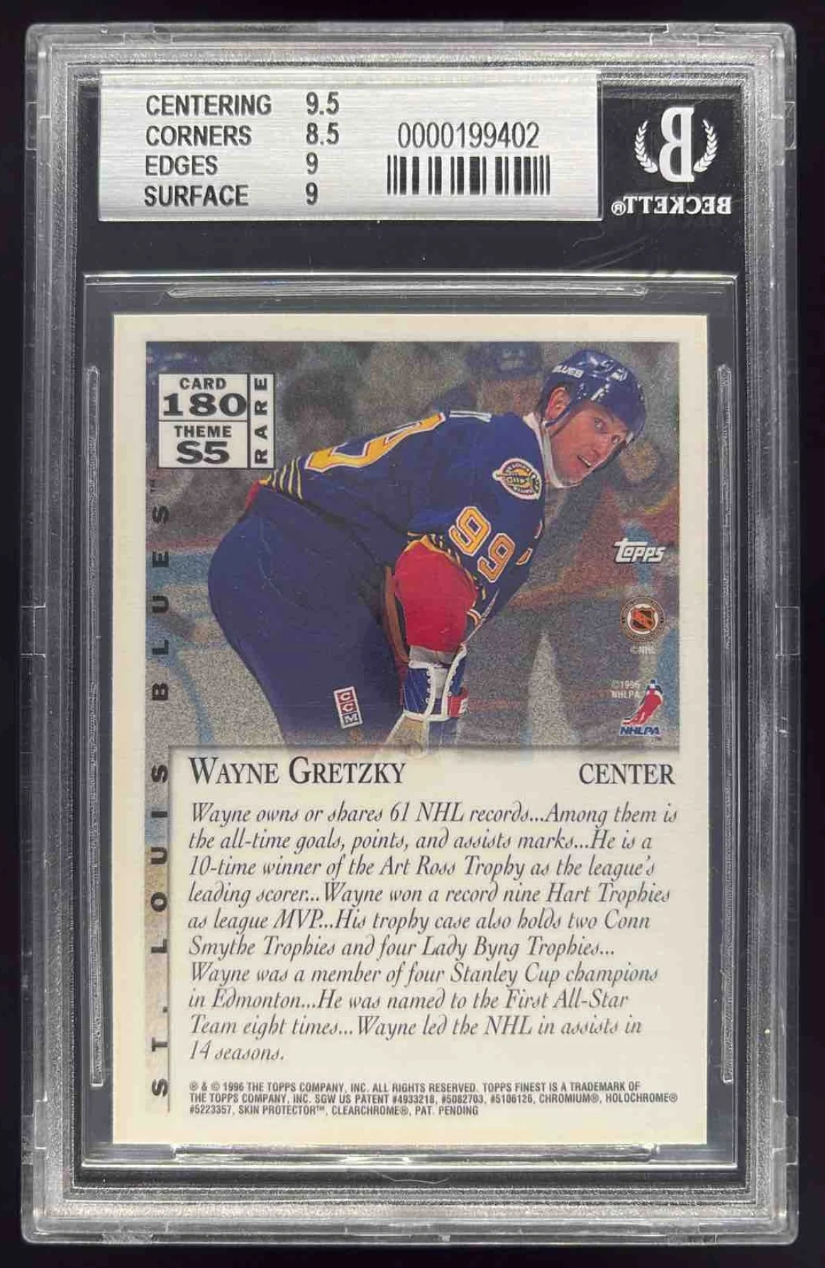 1995-96 Topps Finest #180 Wayne Gretzky Season Ticket Gold BGS 9 - Image 2