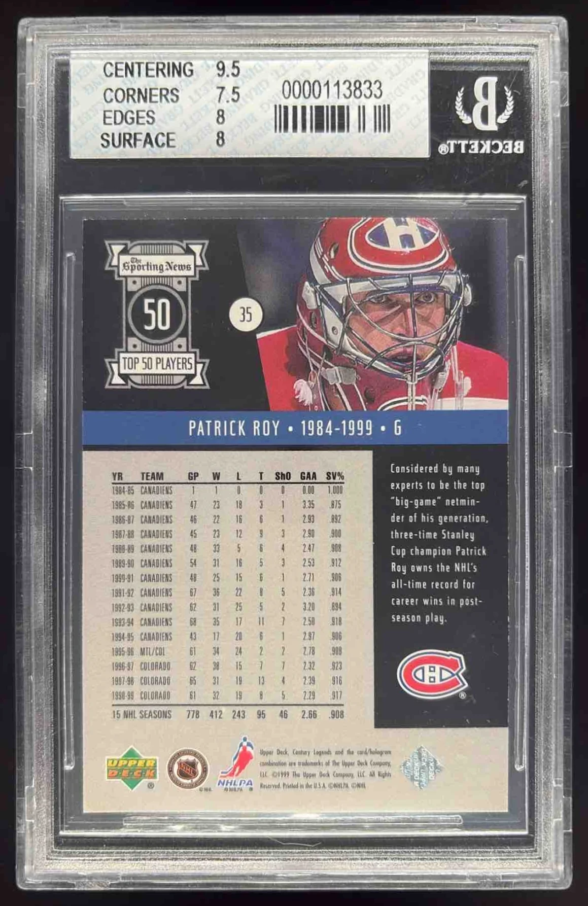 1999-00 Upper Deck Century Legends Century Collection #35 Patrick Roy /100 BGS 8 - Image 2