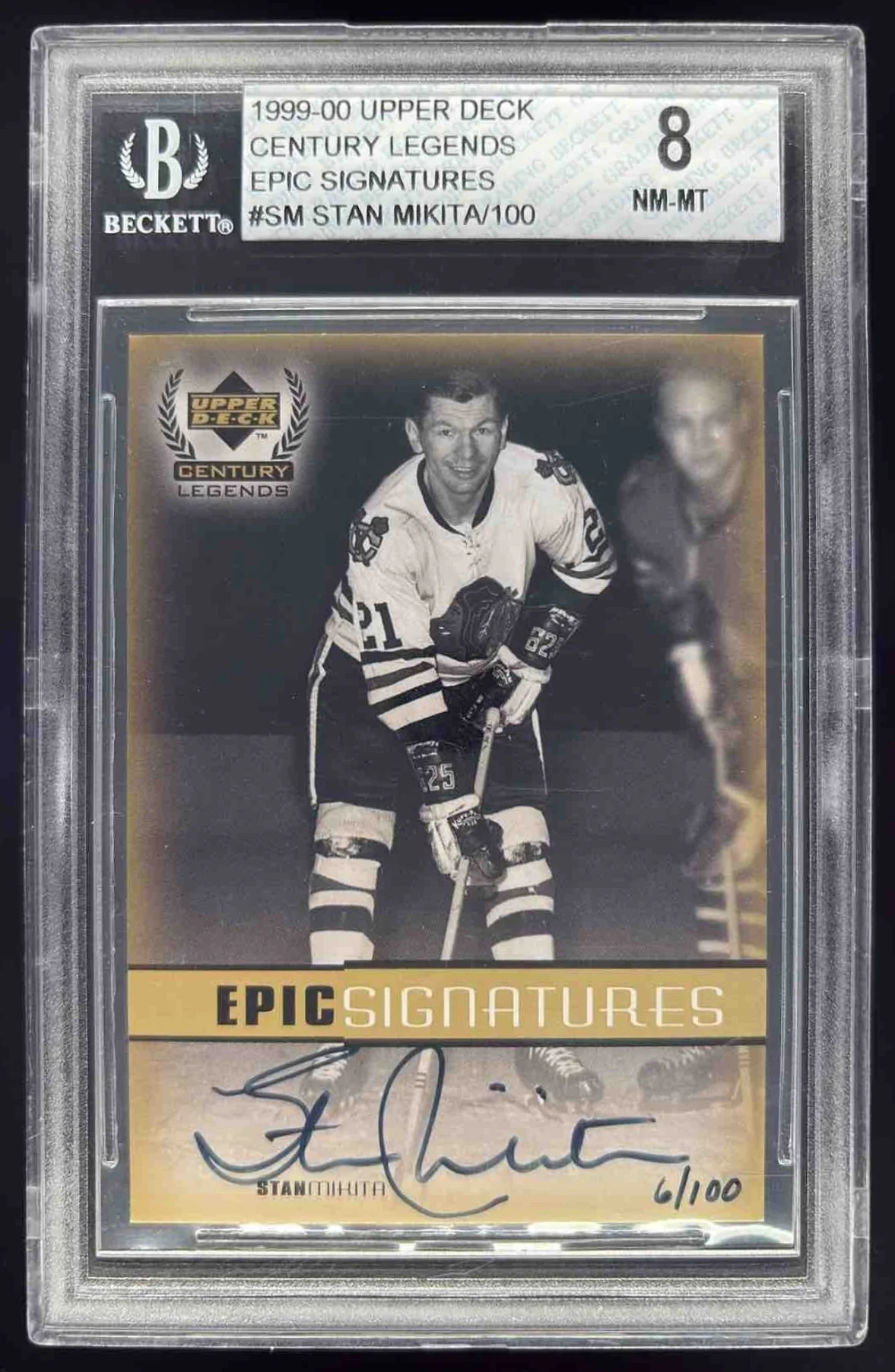 1999-00 Upper Deck Century Legends Epic Gold #SM Stan Mikita Auto /100 BGS 8