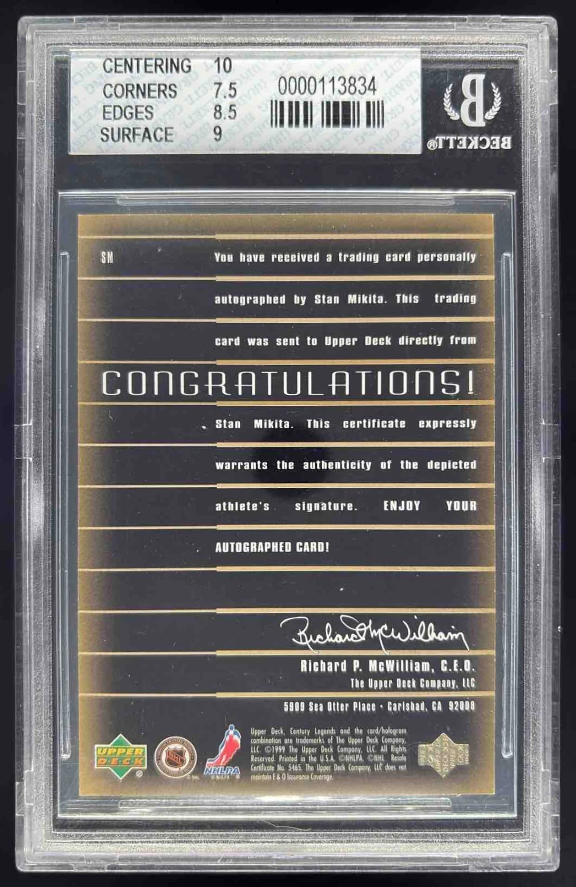 1999-00 Upper Deck Century Legends Epic Gold #SM Stan Mikita Auto /100 BGS 8 - Image 2