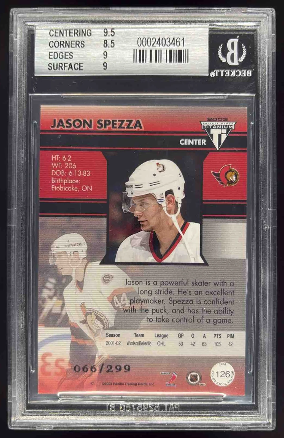2002 Pacific Private Stock Titanium Red #126 Jason Spezza Rookie RC /299 BGS 9 - Image 2