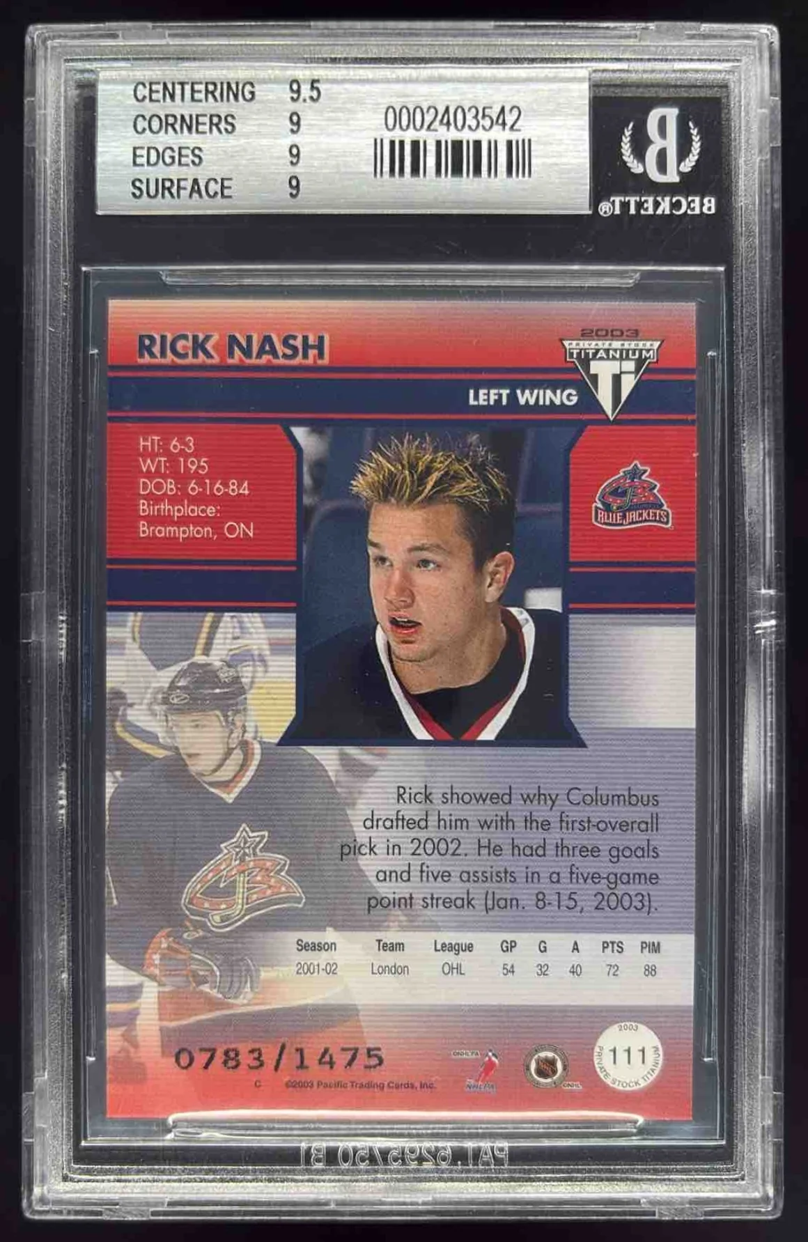 2002 Pacific Private Stock Titanium Retail #111 Rick Nash Rookie RC /1475 BGS 9 - Image 2