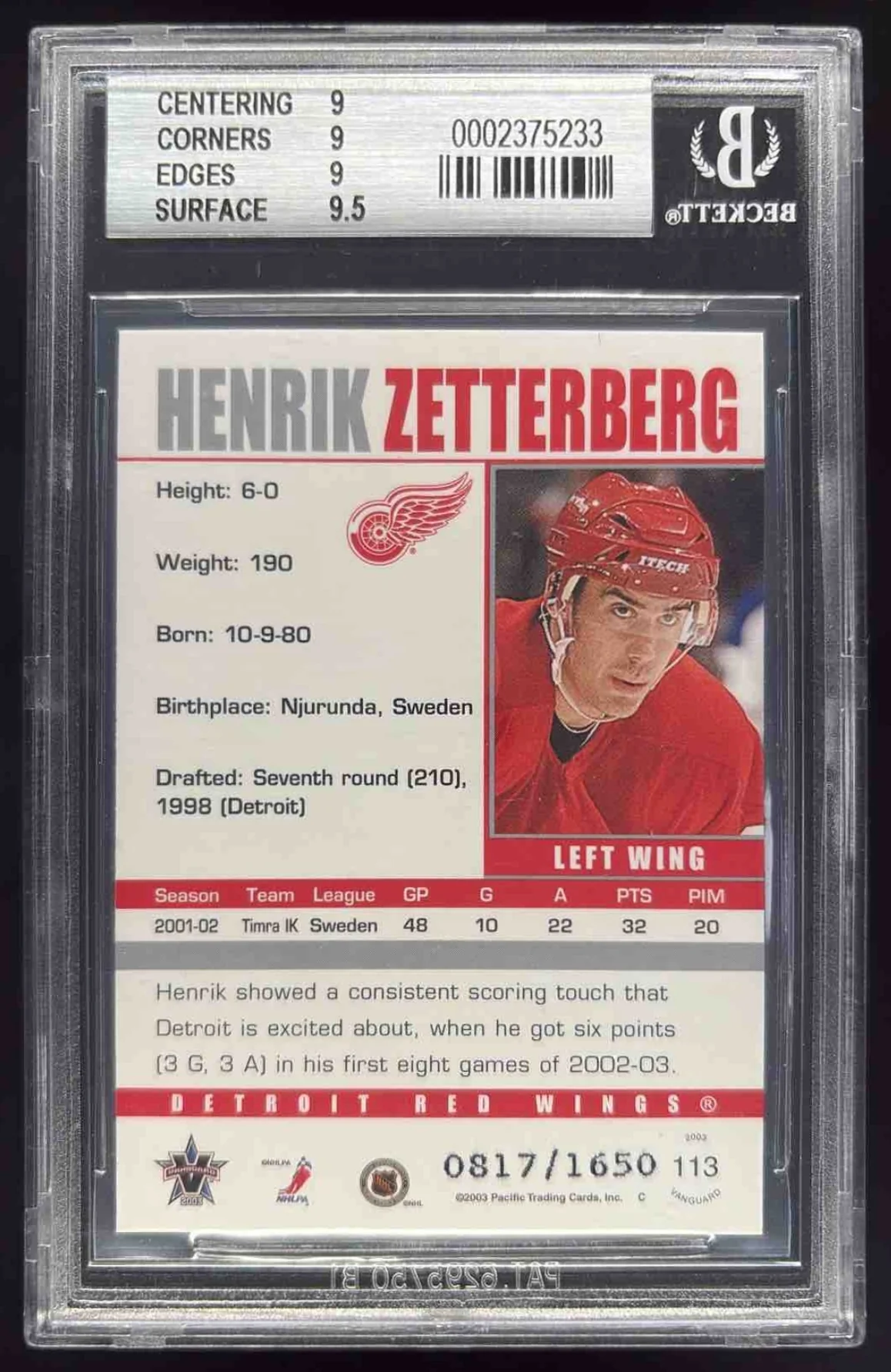 2002-03 Pacific Vanguard #113 Henrik Zetterberg Rookie RC /1650 BGS 9 - Image 2