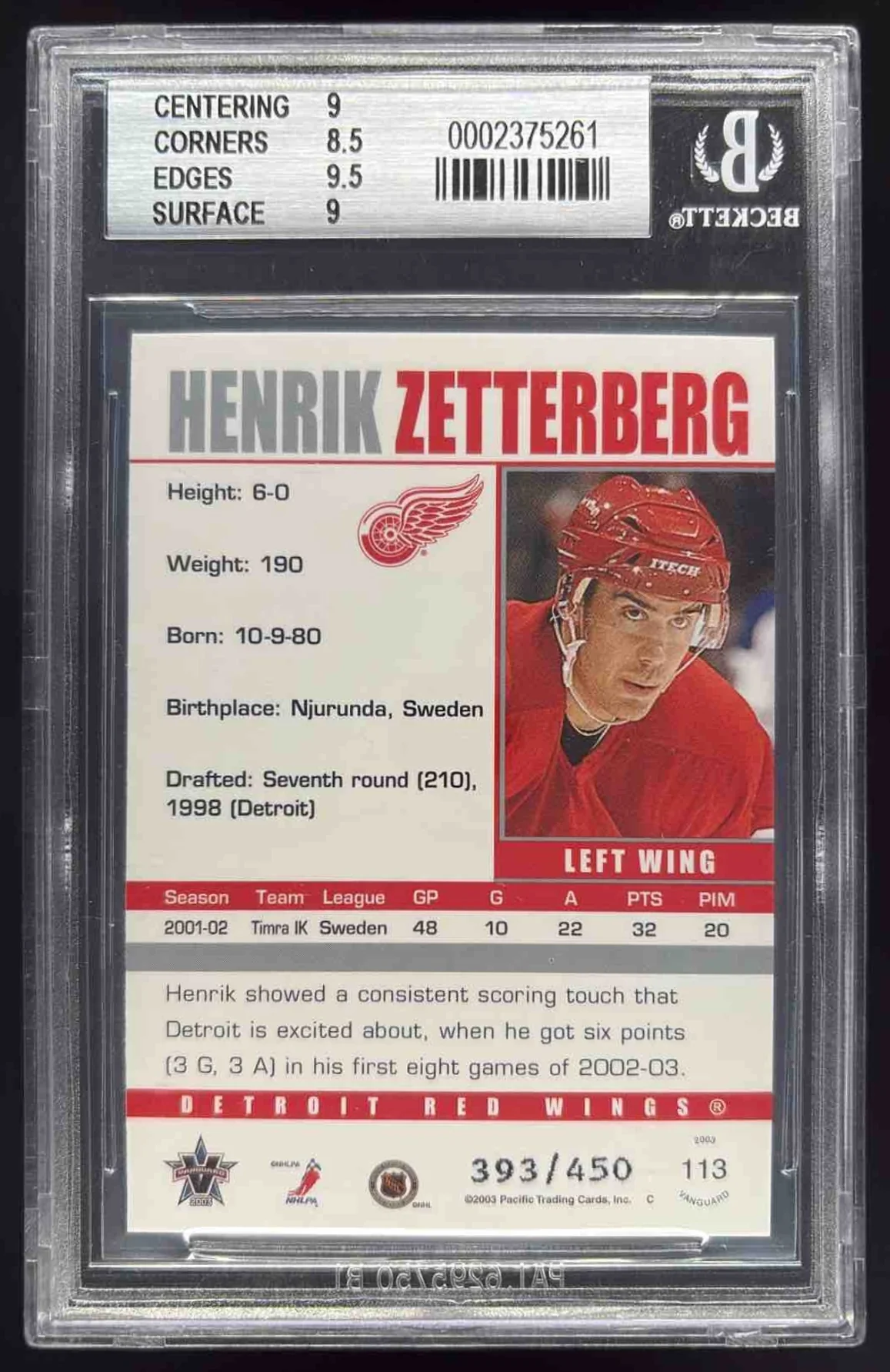 2002-03 Pacific Vanguard LTD #113 Henrik Zetterberg Rookie RC /450 BGS 9 - Image 2