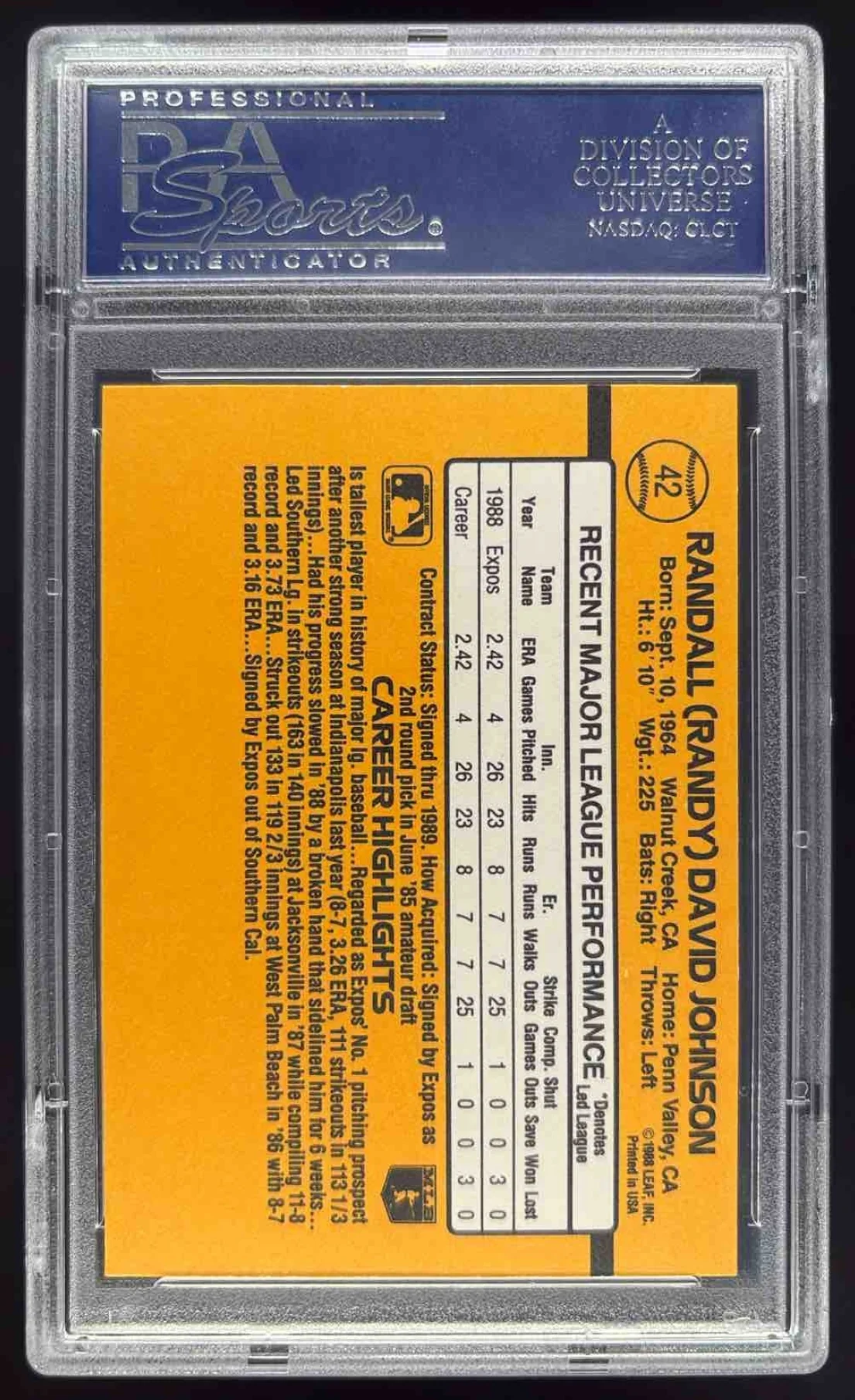 1989 Donruss #42 Randy Johnson UER RC Rated Rookie PSA 10 - Image 2