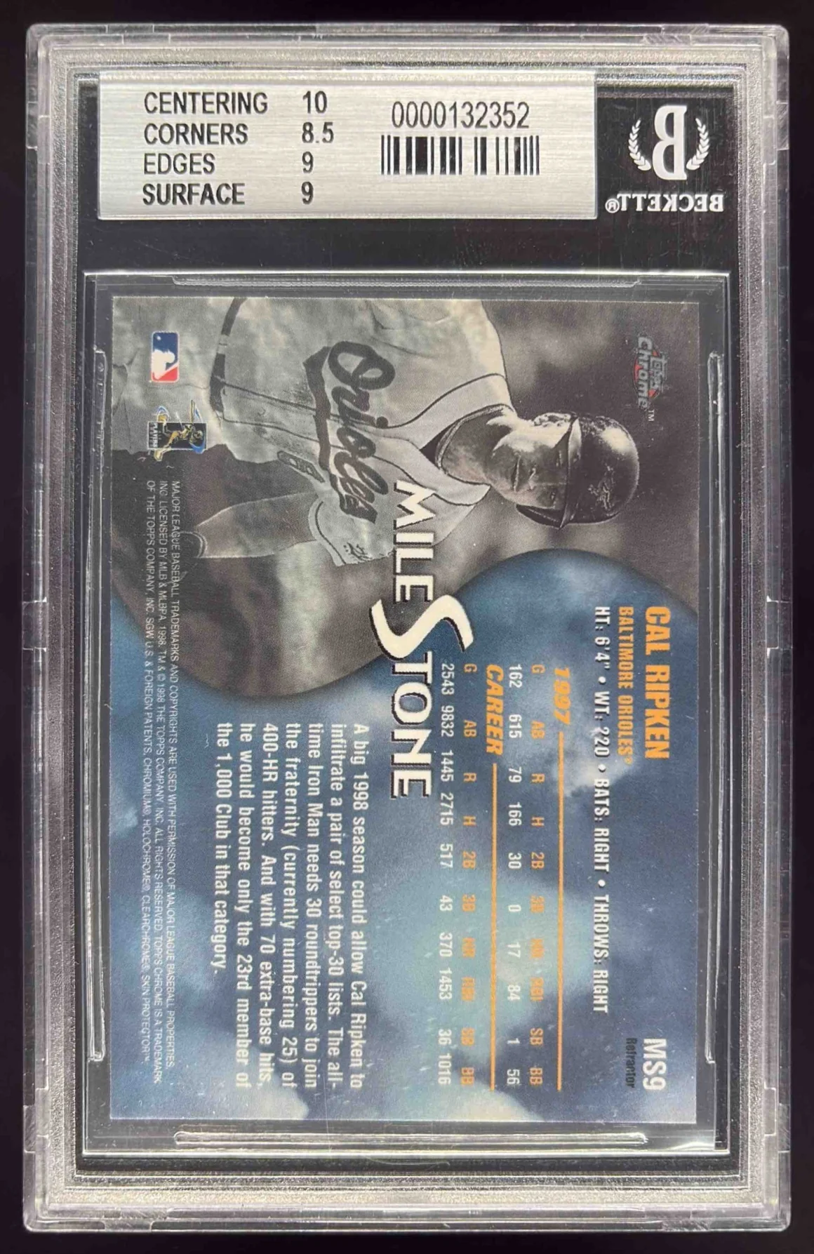1998 Topps Chrome Milestone Refractors #MS9 Cal Ripken BGS 9 - Image 2