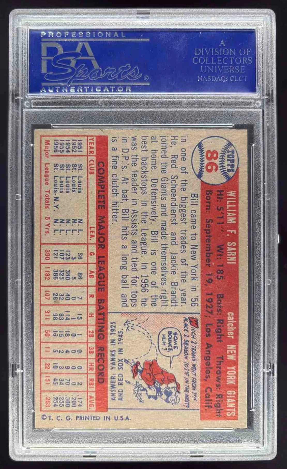 1957 Topps #86 Bill Sarni PSA 7 - Image 2