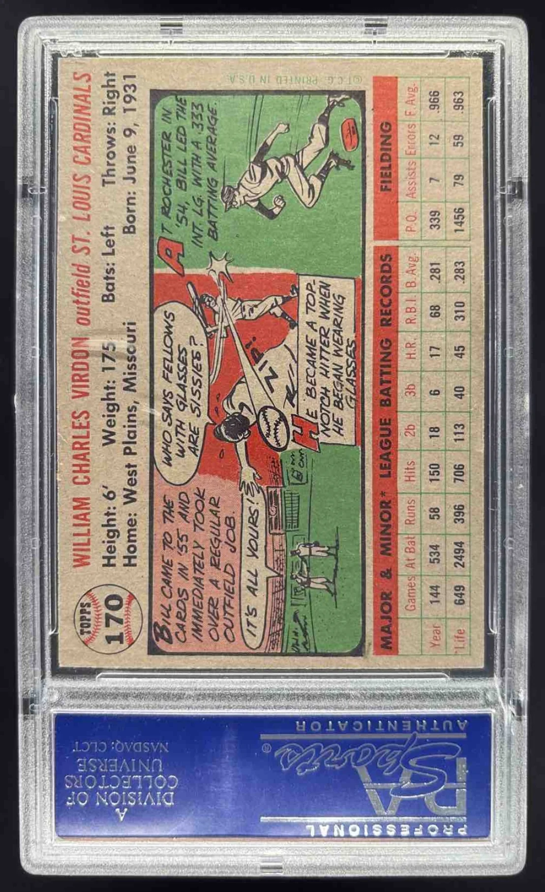 1956 Topps #170a Bill Virdon PSA 8 - Image 2