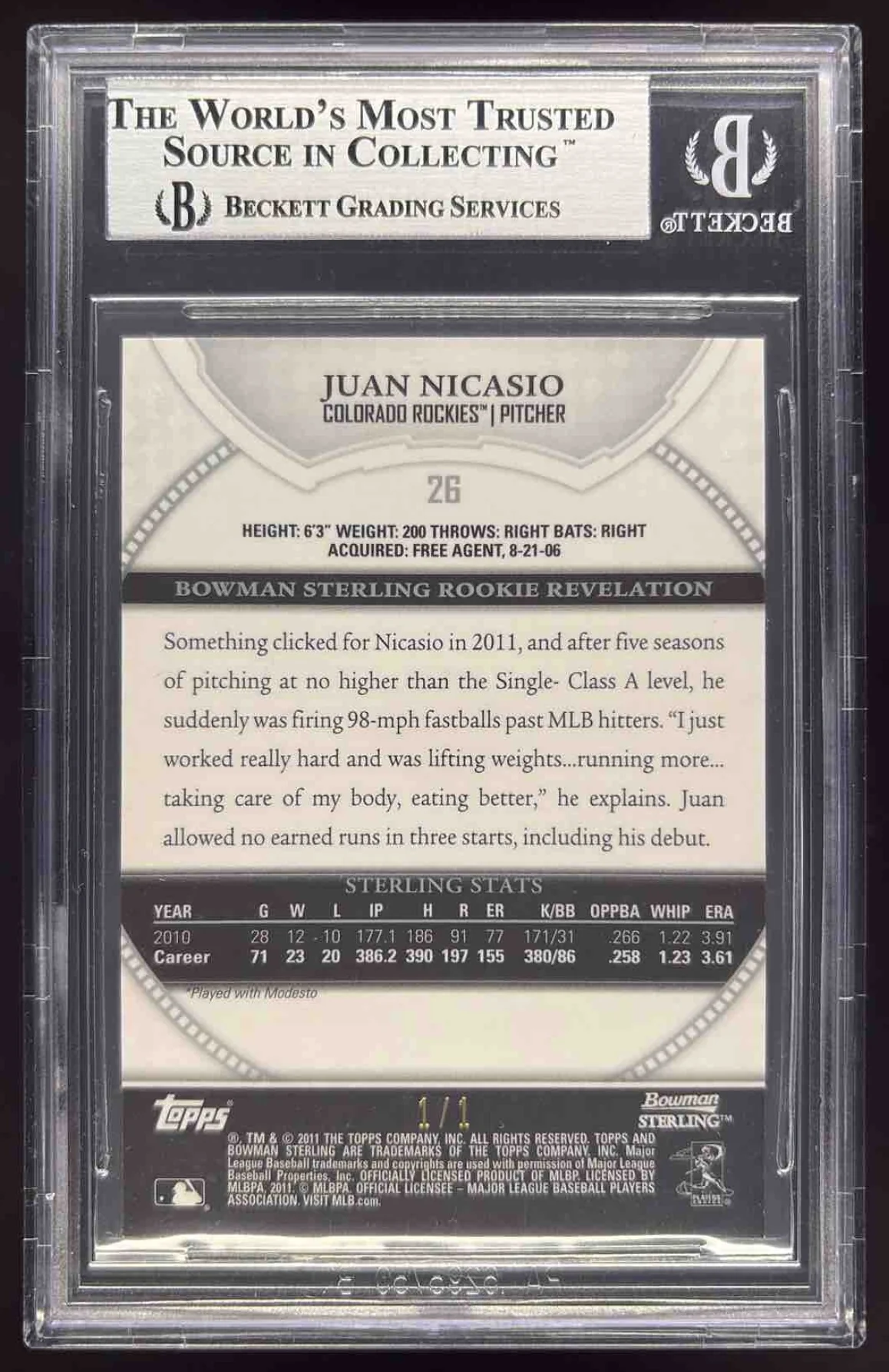 2011 Bowman Sterling Gold Canary Diamond Refractors Juan Nicasio RC 1/1 BGS 9 - Image 2