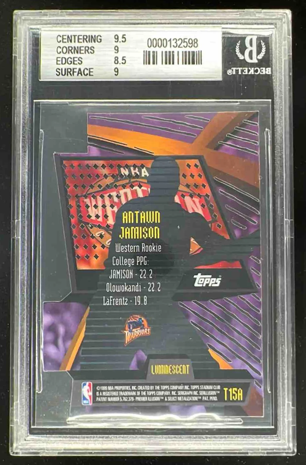 1998-99 Topps Stadium Club Triumvirate Luminescent #T15A Antawn Jamison RC BGS 9 - Image 2