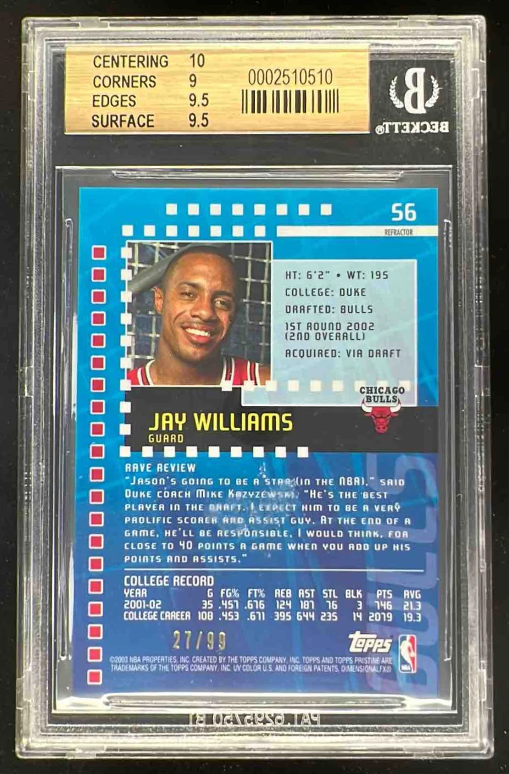 2002-03 Topps Pristine Refractors #56 Jay Williams RC /99 BGS 10 - Image 2