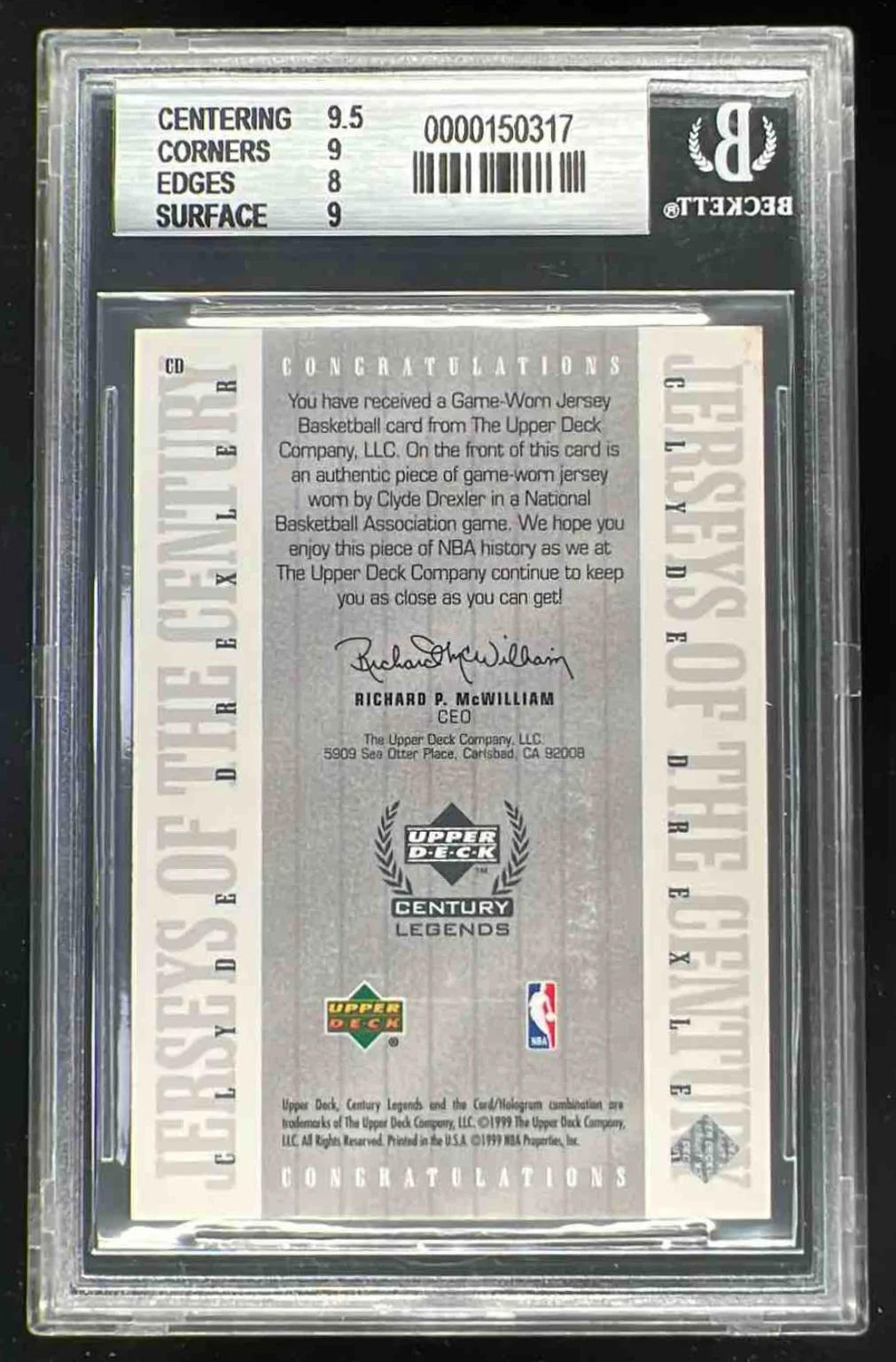 1999 Upper Deck Century Legends Jerseys #CD Clyde Drexler BGS 8.5 - Image 2
