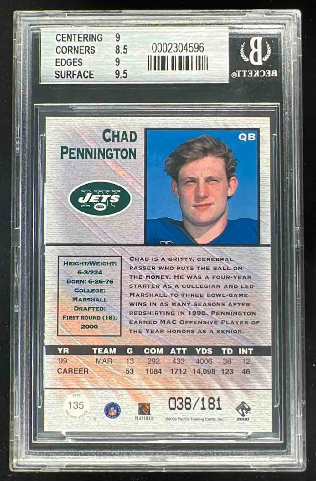 2000 Pacific Private Stock Gold #135 Chad Pennington RC /181 BGS 9 - Image 2