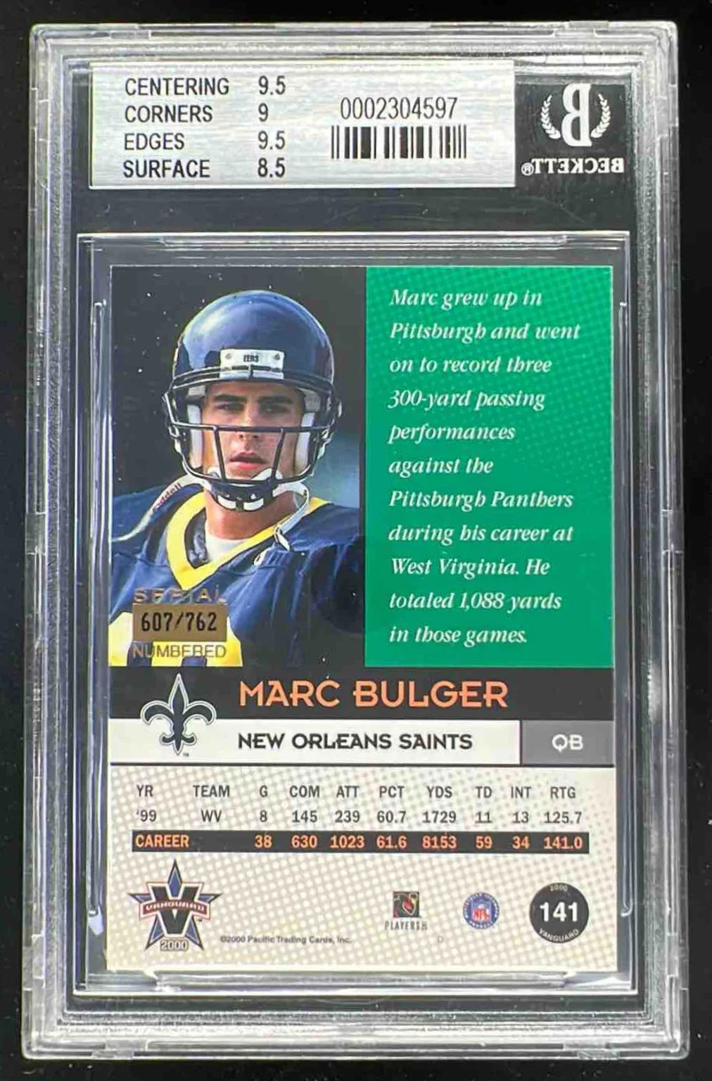 2000 Pacific Vanguard #141 Marc Bulger RC /762 BGS 9 - Image 2