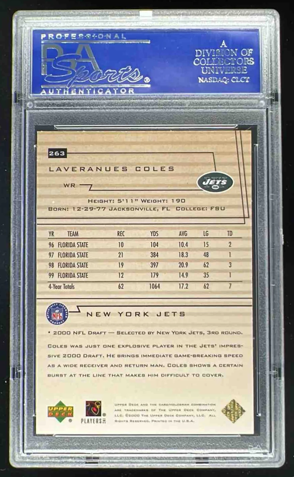 2000 Upper Deck UD Exclusives Gold #263 Laveranues Coles RC /25 PSA 8 - Image 2