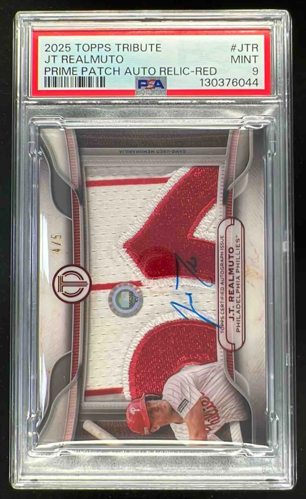 2025 Topps Tribute Prime Patch Relics Red #PPA-JTR J.T. Realmuto Auto /5 PSA 9