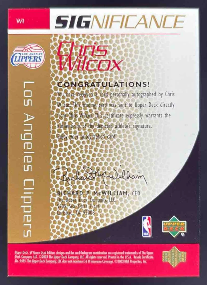 2003-04 SP Game Used SIGnificance Gold #WI Chris Wilcox Auto /10 - Image 2