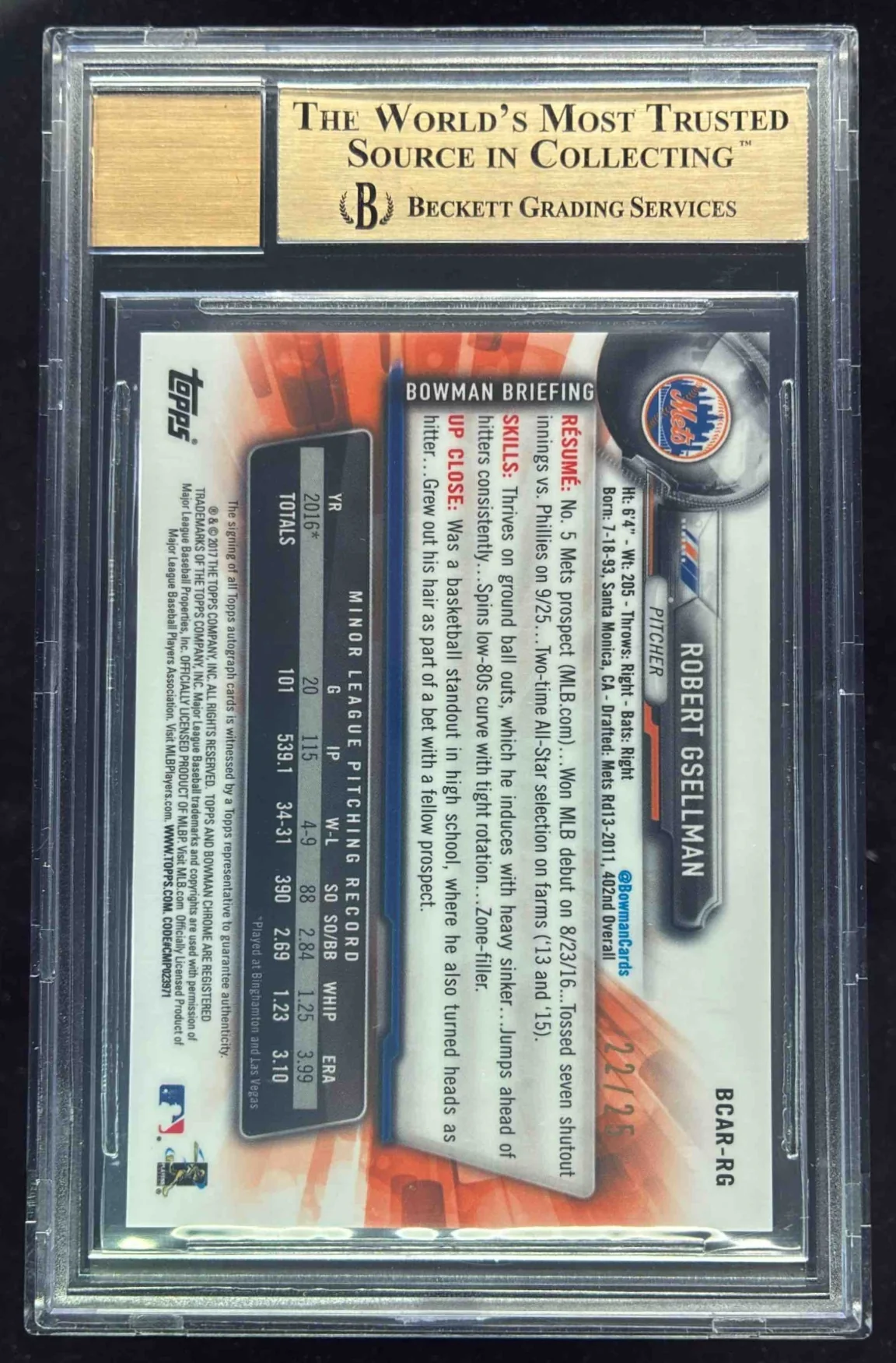 2017 Bowman Chrome Rookie Orange #BCAR-RG Robert Gsellman RC Auto /25 BGS 9.5 - Image 2