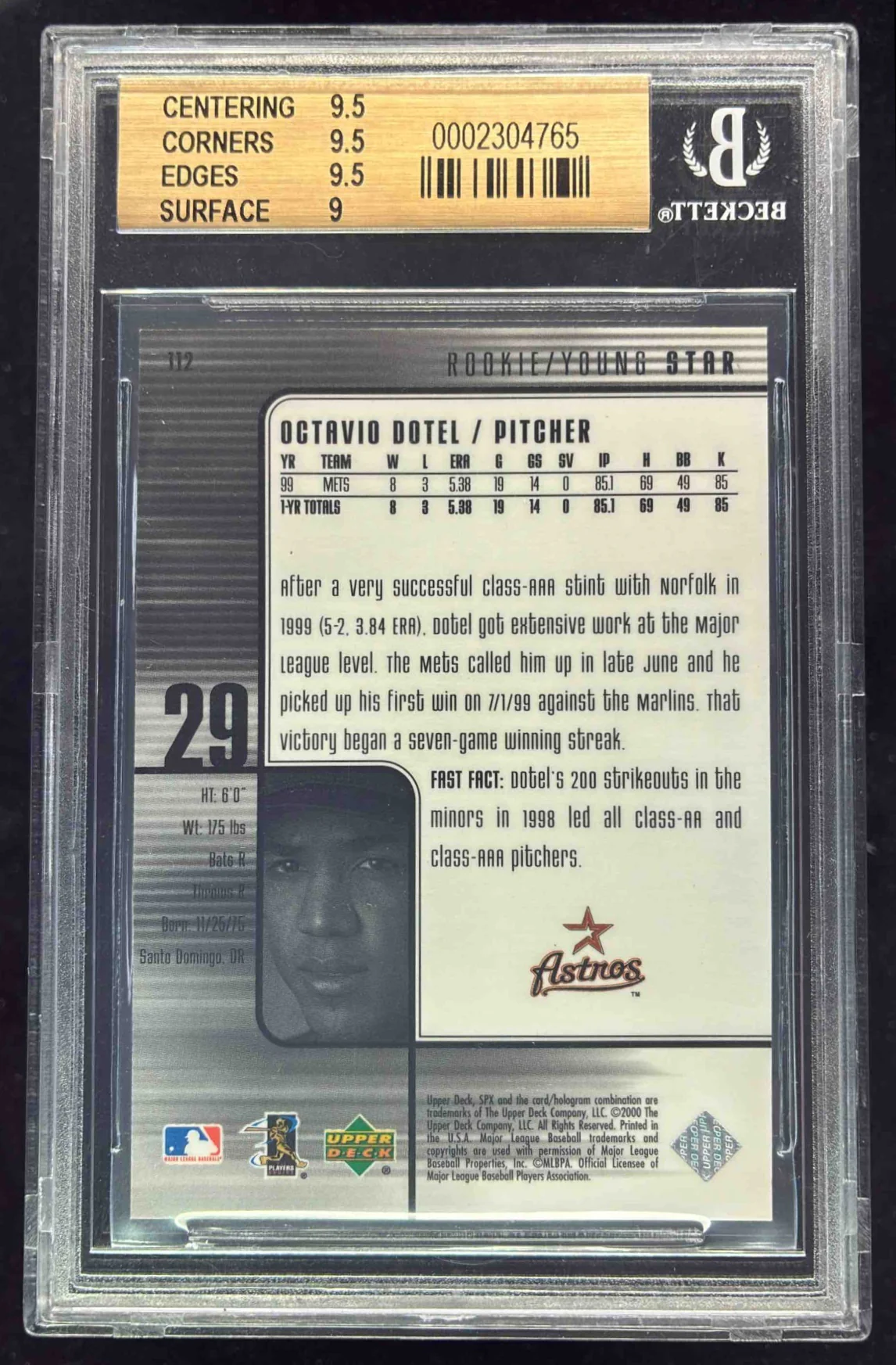 2000 SPx Radiance #112 Octavio Dotel /100 BGS 9.5 - Image 2