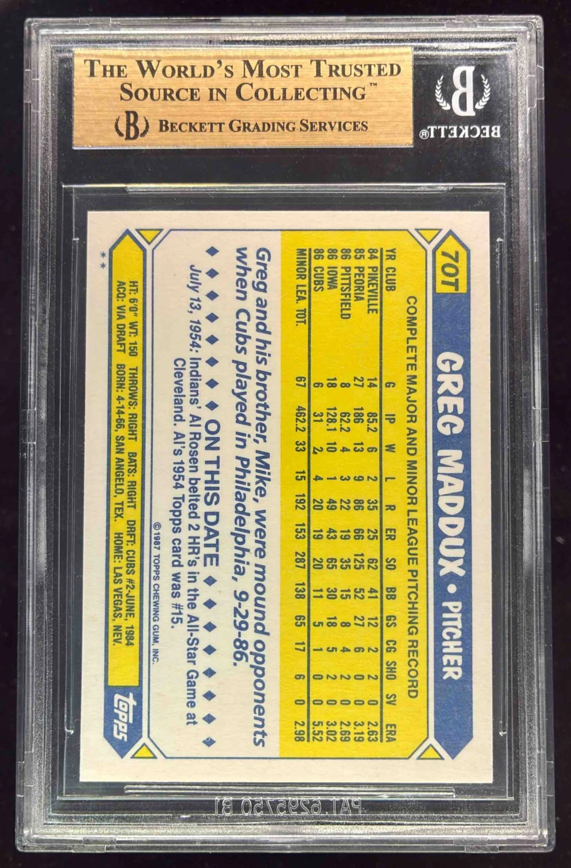 1987 Topps Traded #70T Greg Maddux RC BGS 9.5 - Image 2