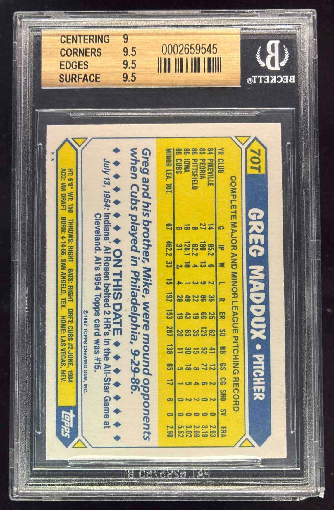 1987 Topps Traded #70T Greg Maddux RC BGS 9.5 - Image 2