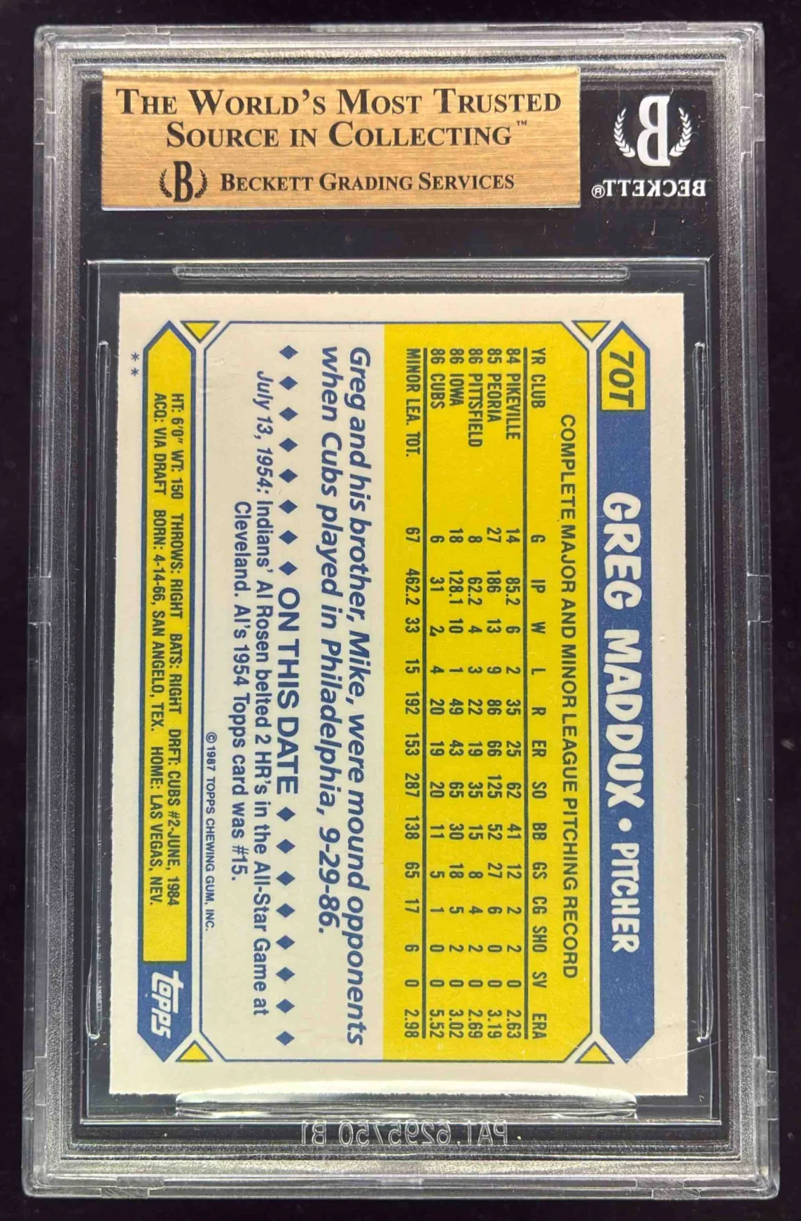 1987 Topps Traded #70T Greg Maddux RC BGS 9.5 - Image 2