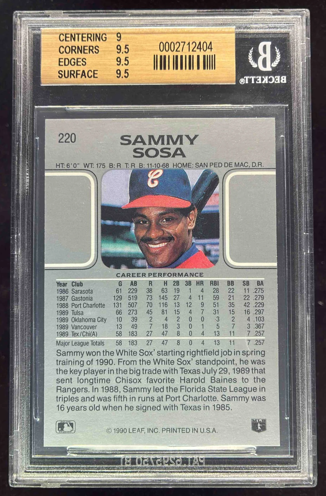 1990 Leaf #220 Sammy Sosa RC BGS 9.5 - Image 2
