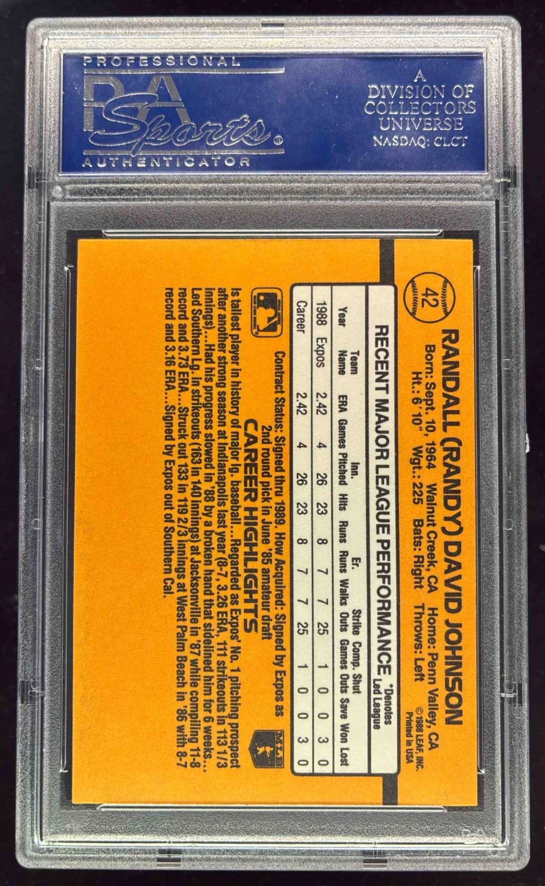 1989 Donruss #42 Randy Johnson UER RC Rated Rookie PSA 10 - Image 2