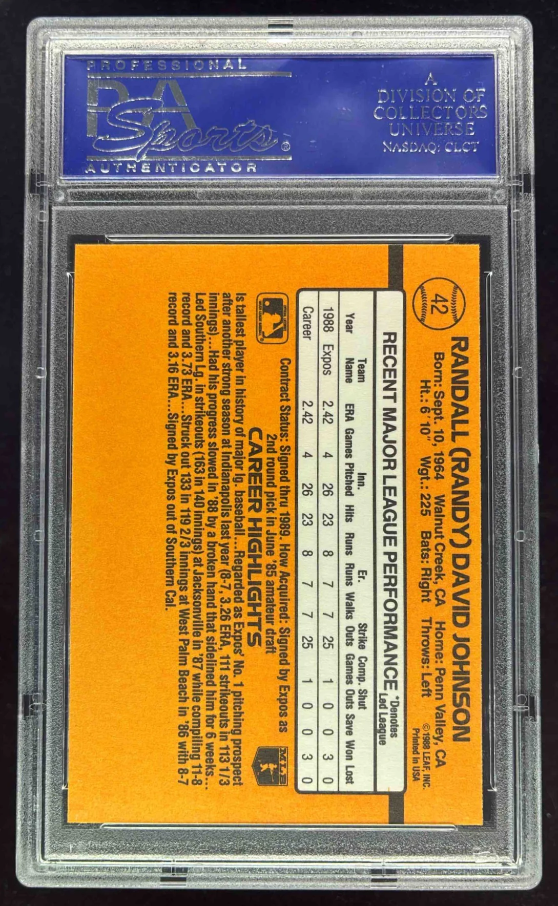 1989 Donruss #42 Randy Johnson UER RC Rated Rookie PSA 10 - Image 2