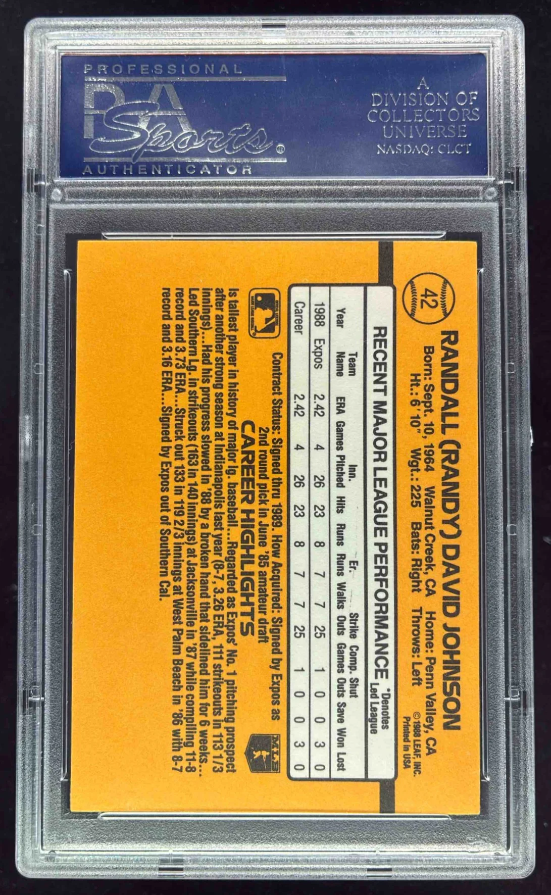 1989 Donruss #42 Randy Johnson UER RC Rated Rookie PSA 10 - Image 2
