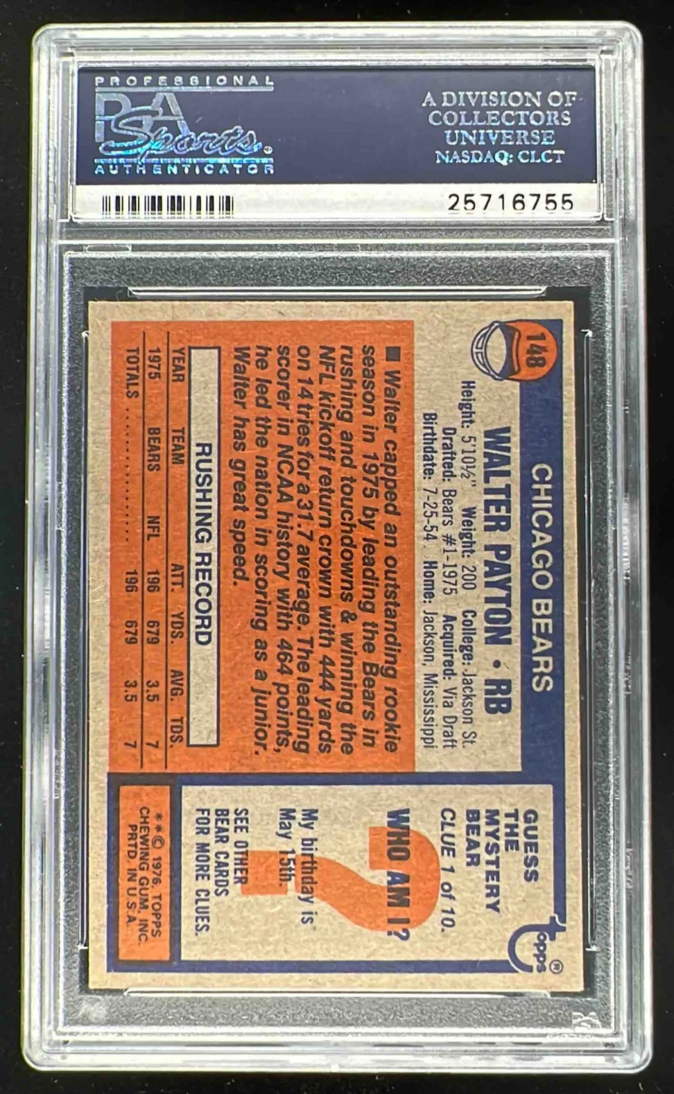 1976 Topps #148 Walter Payton RC PSA 6 - Image 2