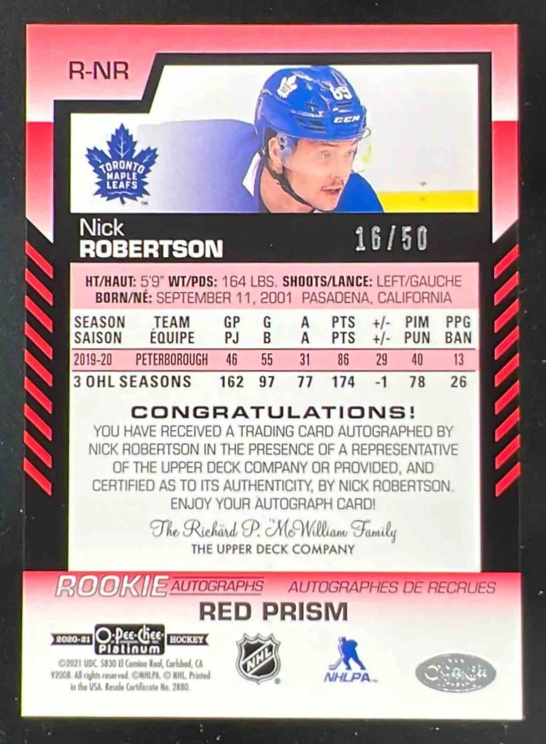 2020-21 O-Pee-Chee Platinum Rookie Red Prism #R-NR Nick Robertson RC Auto /50 - Image 2
