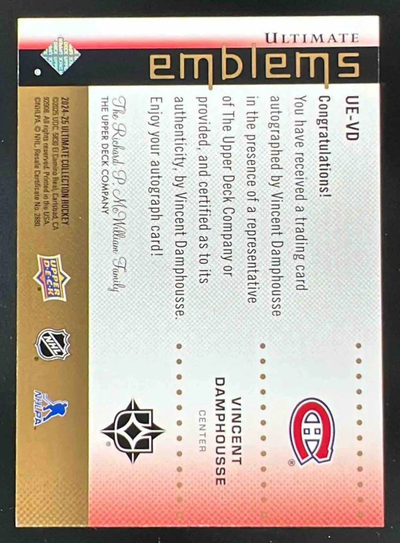 2024 Ultimate Collection Emblems Auto Gold #UE-VD Vincent Damphousse Auto /49 - Image 2