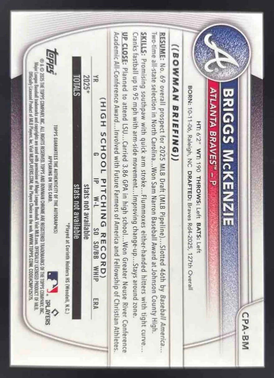 2025 Bowman Draft Chrome Prospect Autograph #CPA-BM Briggs McKenzie RC Auto - Image 2