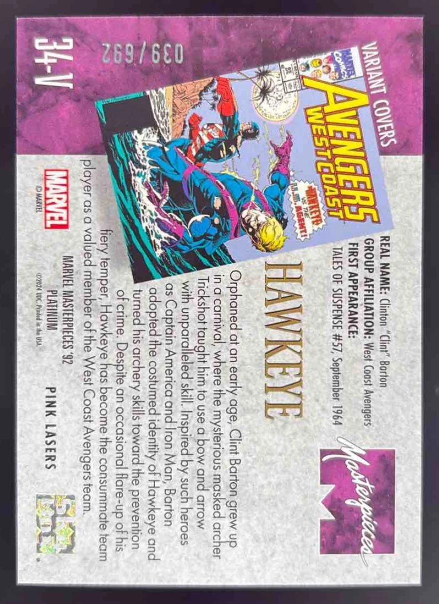 2024 Upper Deck Marvel '92 Platinum Variant Cover Pink Lasers #34-V Hawkeye /692 - Image 2