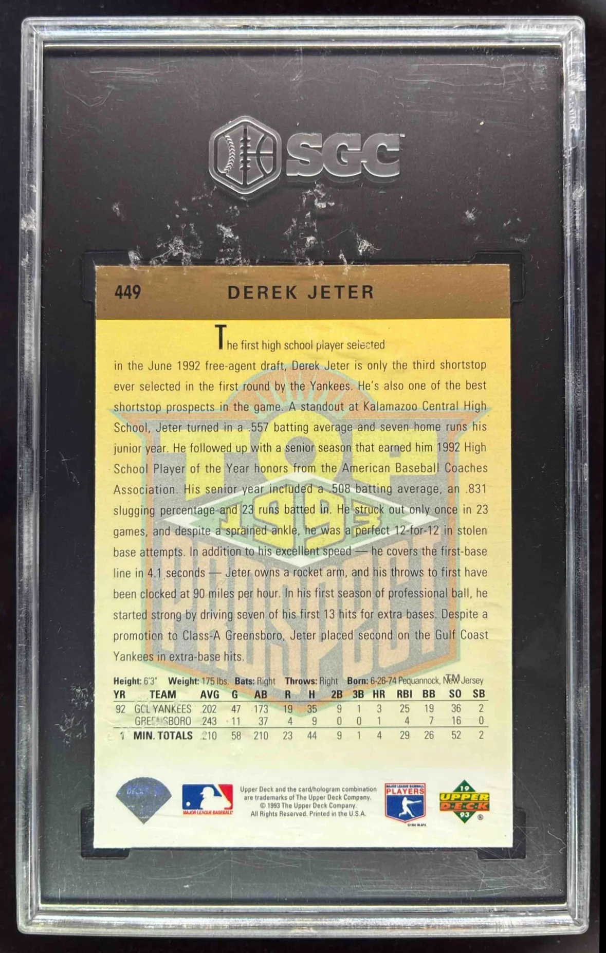 1993 Upper Deck #449 Derek Jeter RC SGC 7 - Image 2