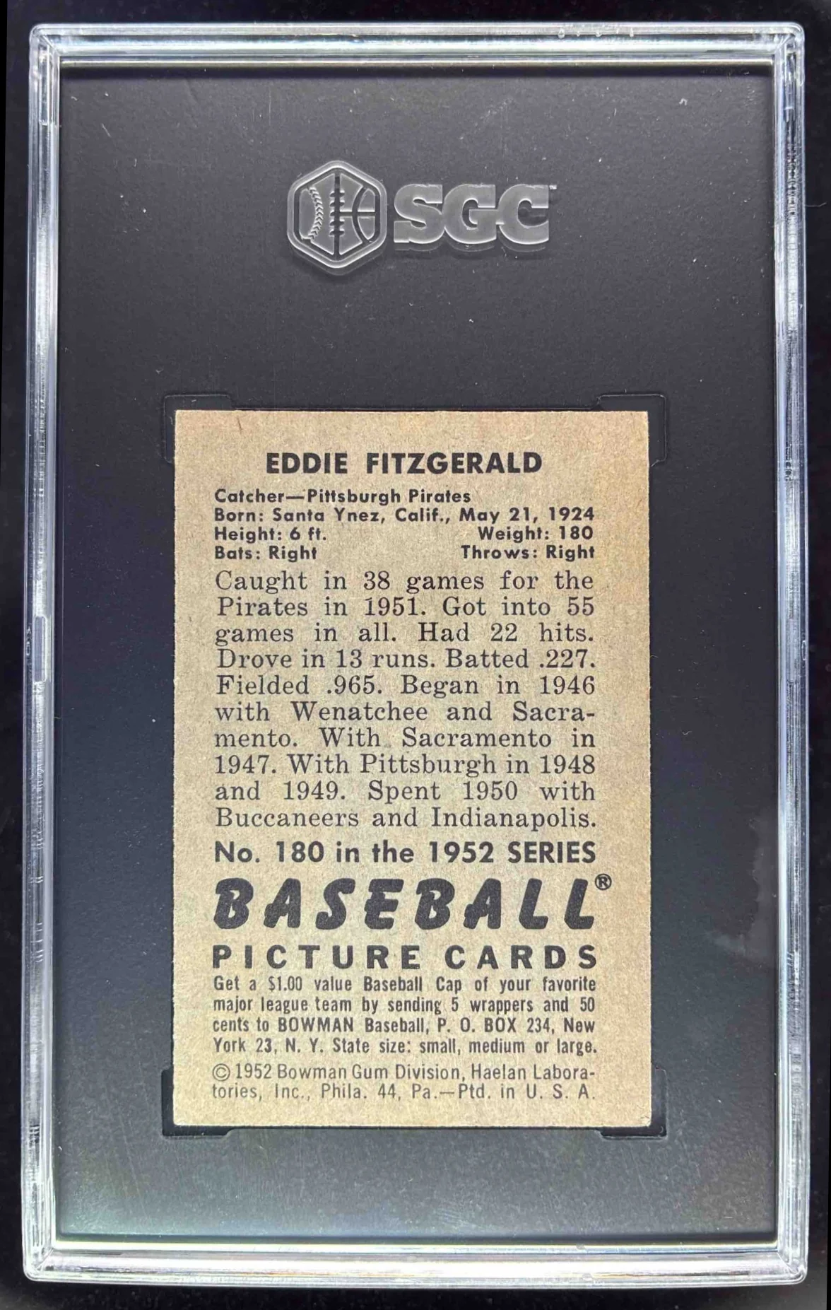 1952 Bowman #180 Eddie FitzGerald SGC 5.5 - Image 2