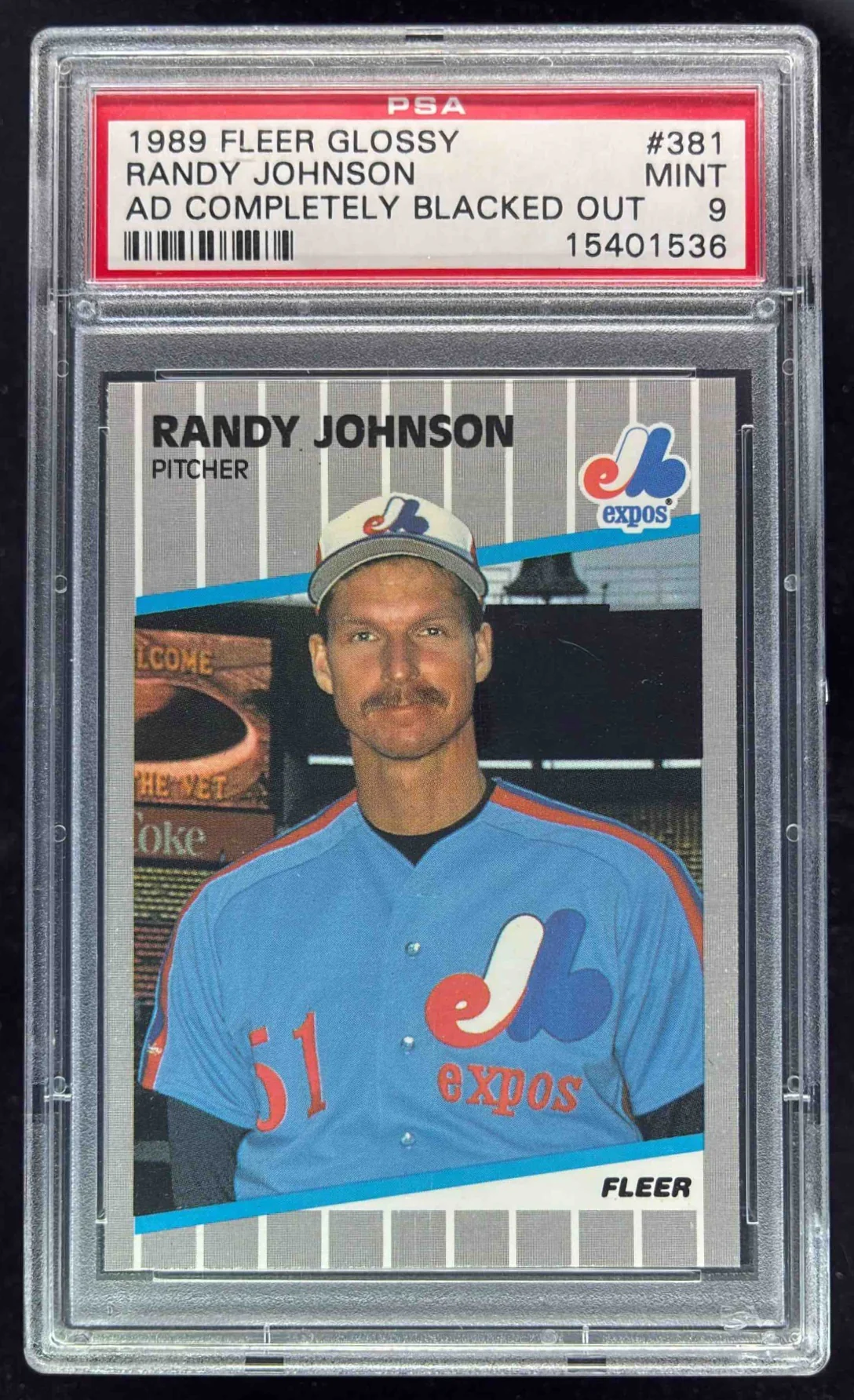 1989 Fleer Glossy Ad Completely Blacked Out #381 Randy Johnson RC PSA 9