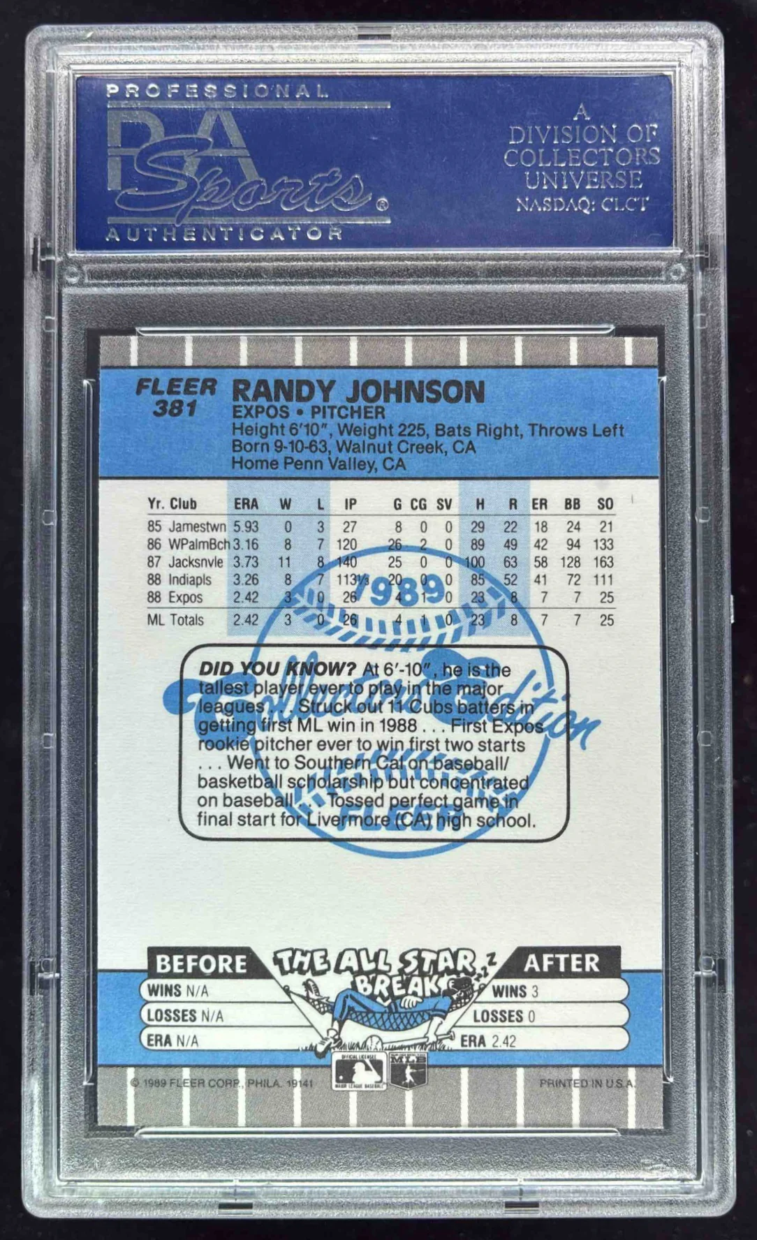 1989 Fleer Glossy Ad Completely Blacked Out #381 Randy Johnson RC PSA 9 - Image 2