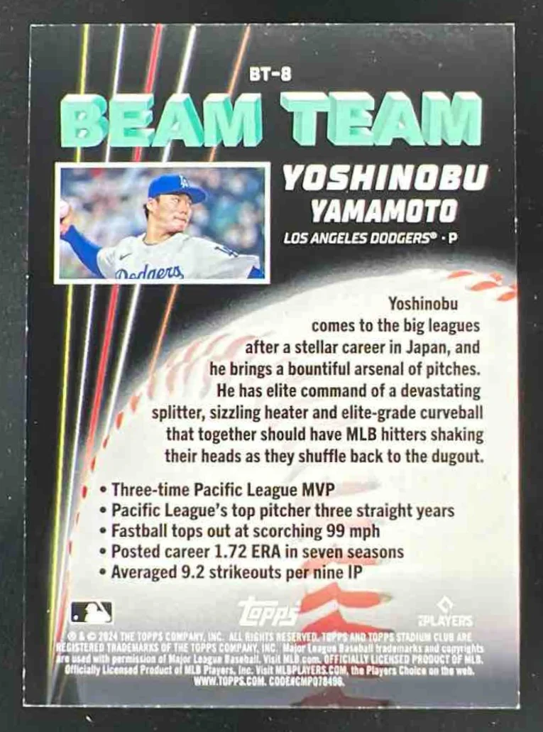 2024 Topps Stadium Club Beam Team #BT-8 Yoshinobu Yamamoto RC - Image 2