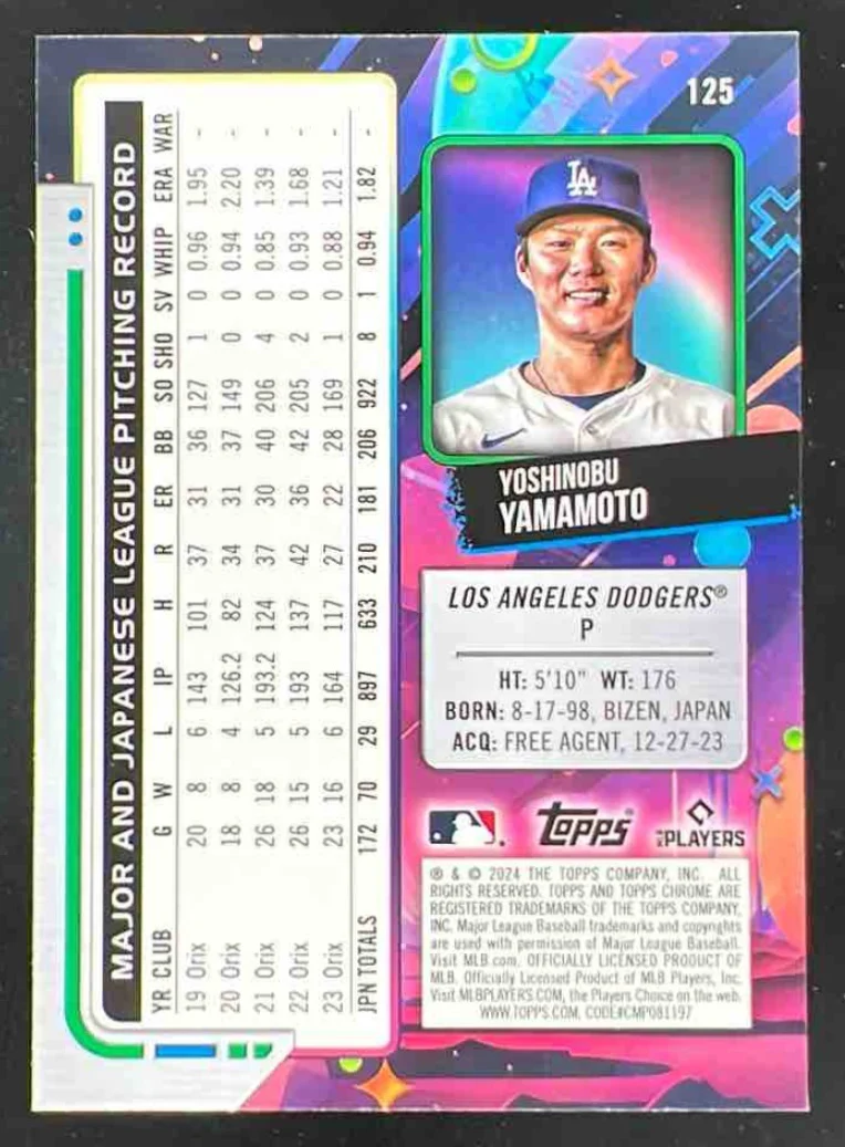 2024 Topps Cosmic Chrome Aqua Equinox Refractor #125 Yoshinobu Yamamoto RC /199 - Image 2