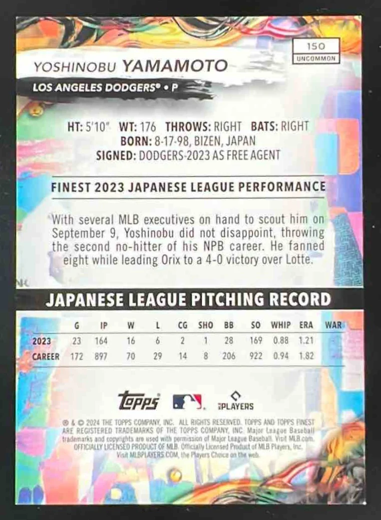 2024 Topps Finest Purple Checkerboard Refractor #150 Yoshinobu Yamamoto RC /99 - Image 2