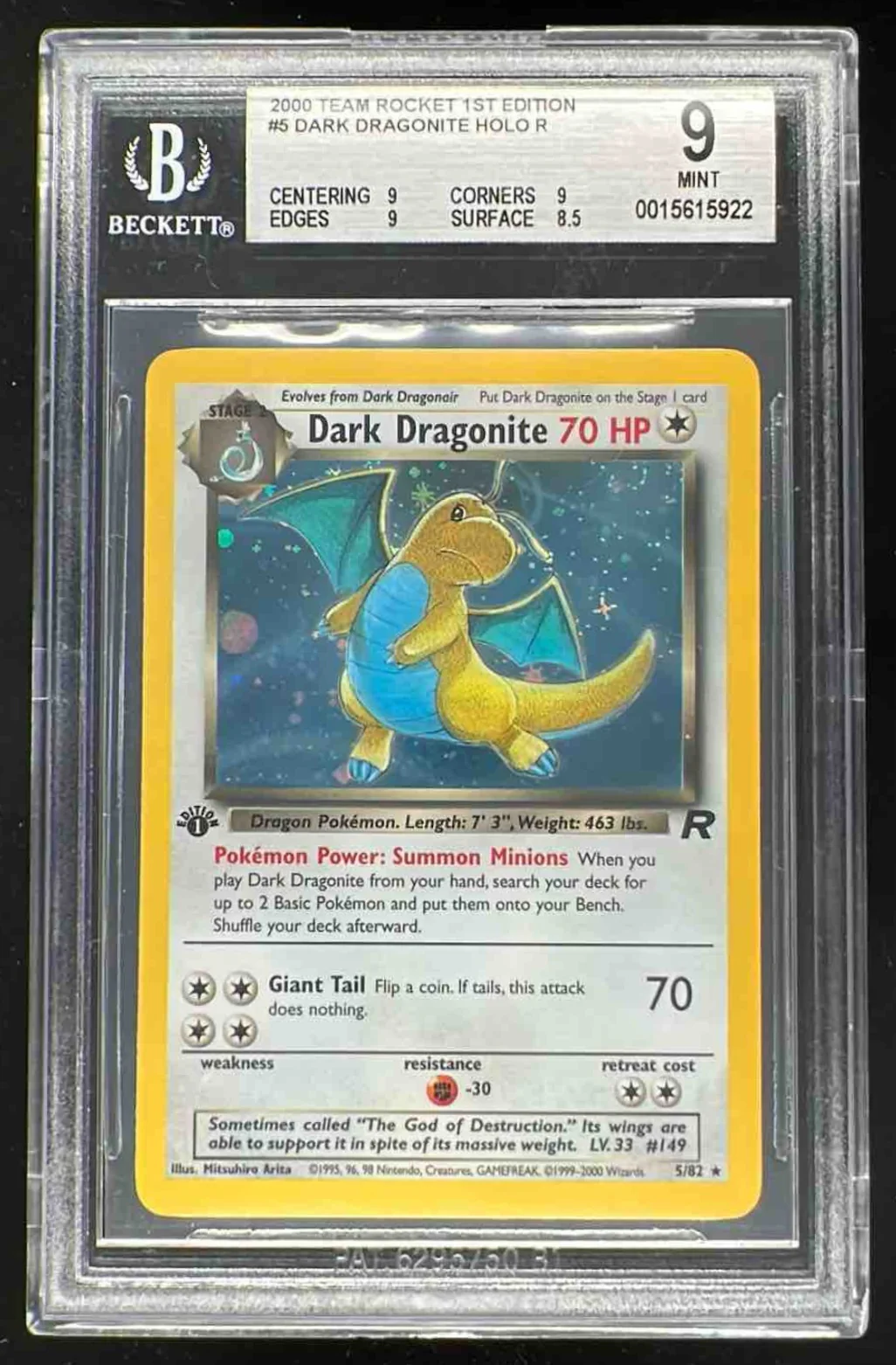 2000 Pokemon Team Rocket First Edition #5/82 Dark Dragonite Holo BGS 9