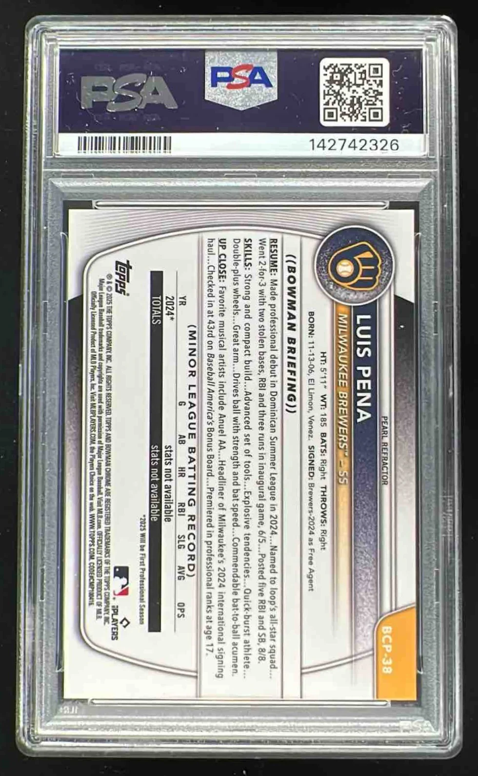 2025 Bowman Chrome Prospects Pearl Refractor #BCP-38 Luis Pena RC PSA 10 - Image 2