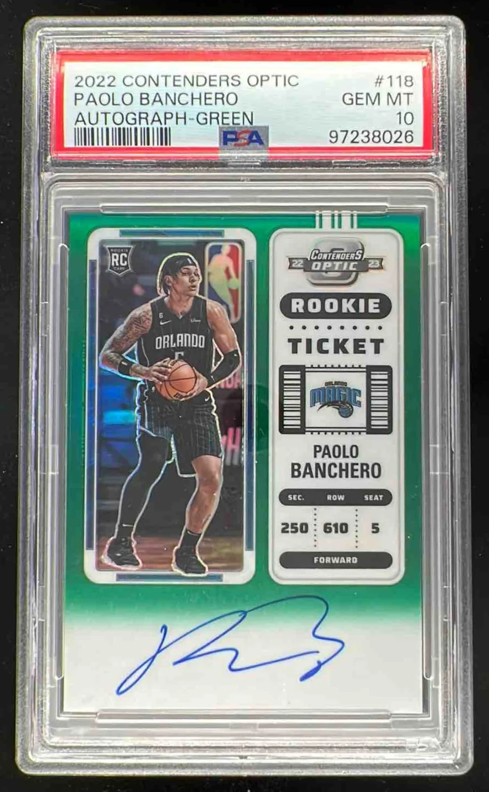 2022-23 Panini Contenders Optic Green #118 Paolo Banchero RC Auto /75 PSA 10