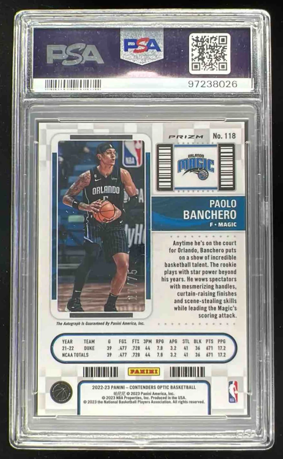 2022-23 Panini Contenders Optic Green #118 Paolo Banchero RC Auto /75 PSA 10 - Image 2