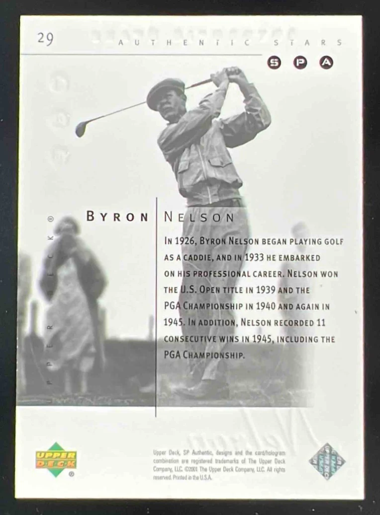 2001 Upper Deck SP Authentic Preview Red #29 Byron Nelson /50 - Image 2