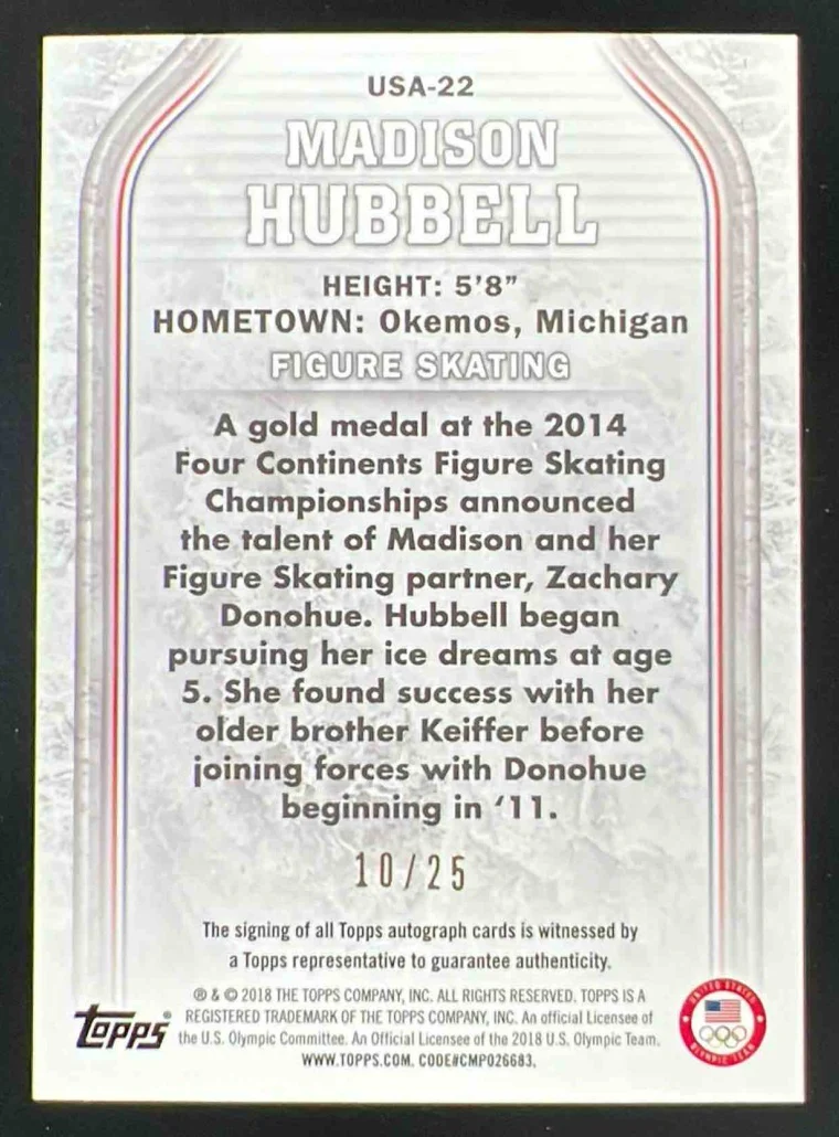 2018 Topps U.S. Olympic Hopefuls U.S. Flag #USA-22 Madison Hubbell Auto /25 - Image 2