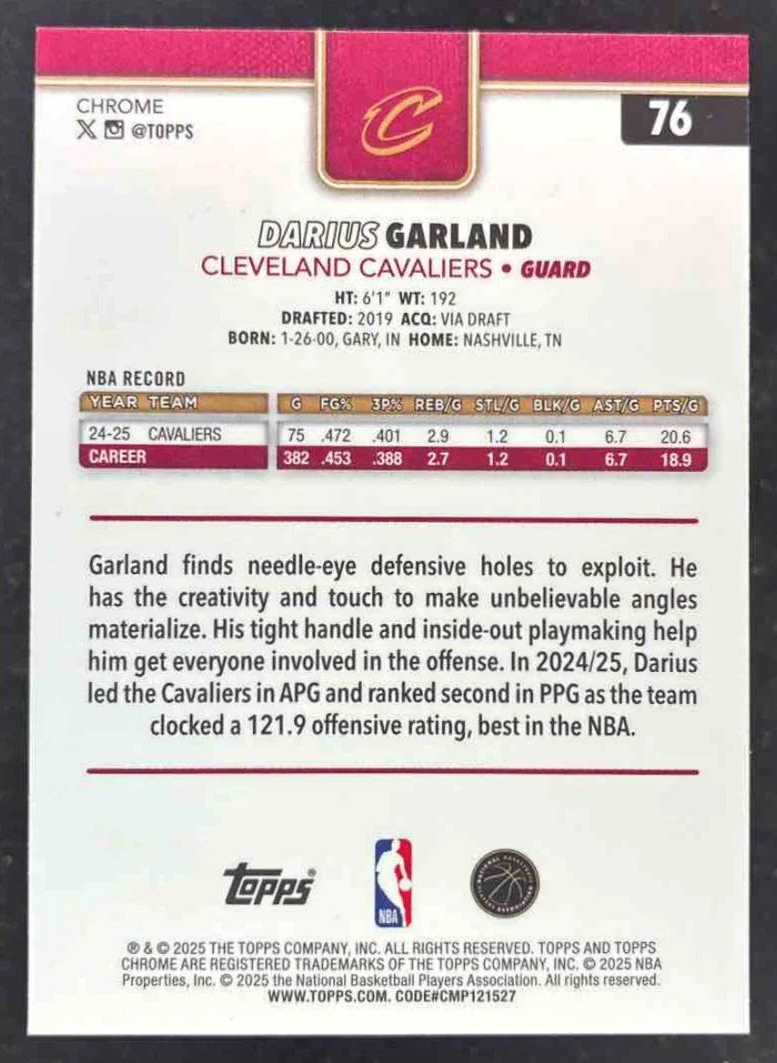 2025-26 Topps Chrome Sapphire Purple Refractor #76 Darius Garland /75 - Image 2